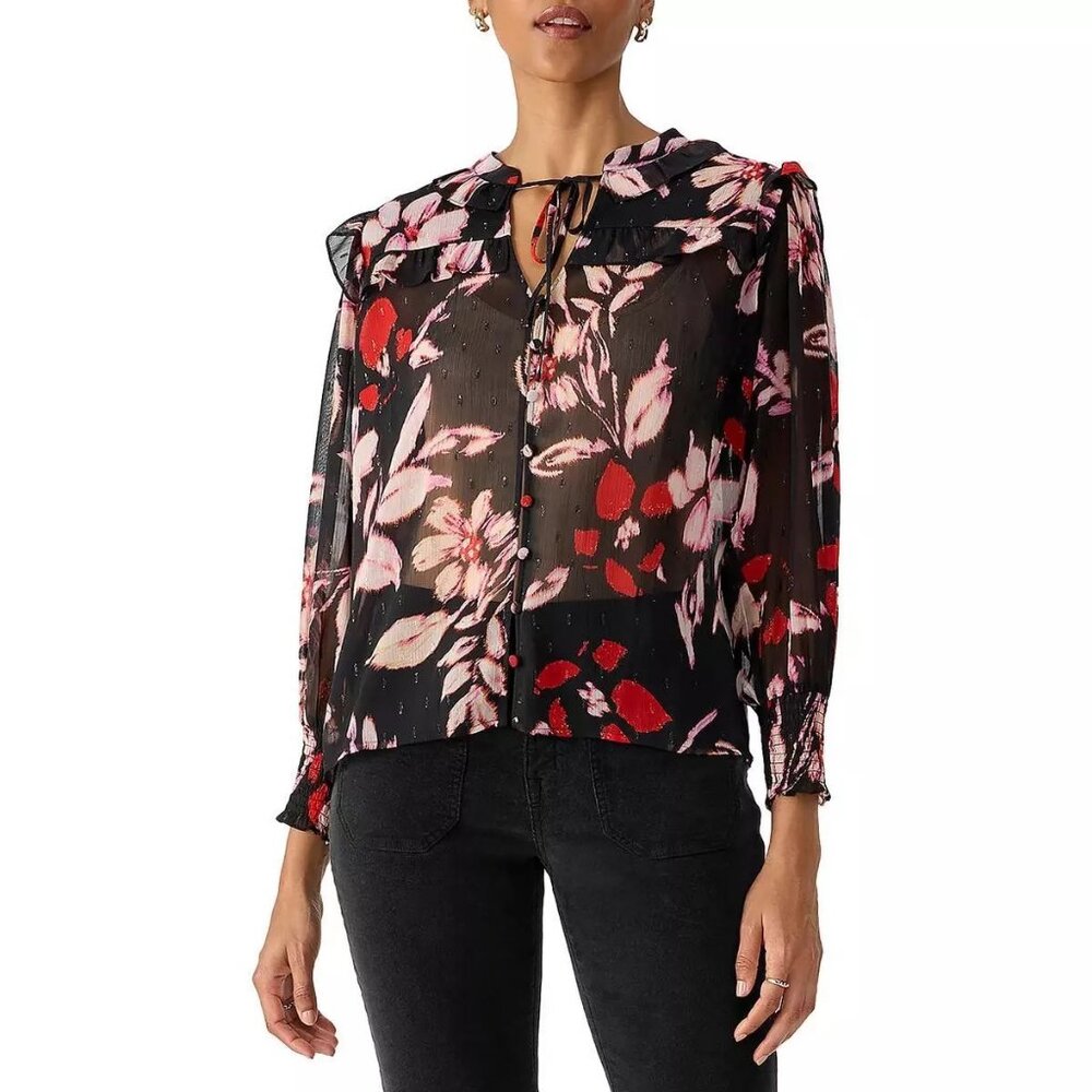 Sanctuary Chiffon Floral Tie Button Down Long Sleeve Blouse Sz Med NWT M…